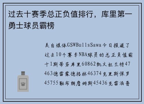 过去十赛季总正负值排行，库里第一勇士球员霸榜