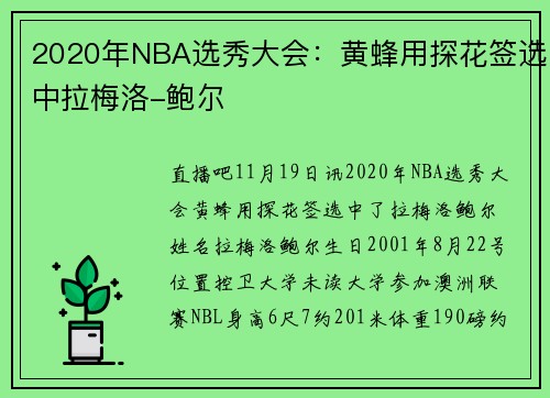 2020年NBA选秀大会：黄蜂用探花签选中拉梅洛-鲍尔
