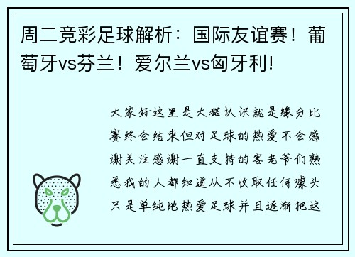 周二竞彩足球解析：国际友谊赛！葡萄牙vs芬兰！爱尔兰vs匈牙利!
