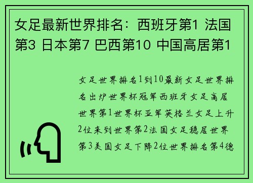 女足最新世界排名：西班牙第1 法国第3 日本第7 巴西第10 中国高居第19